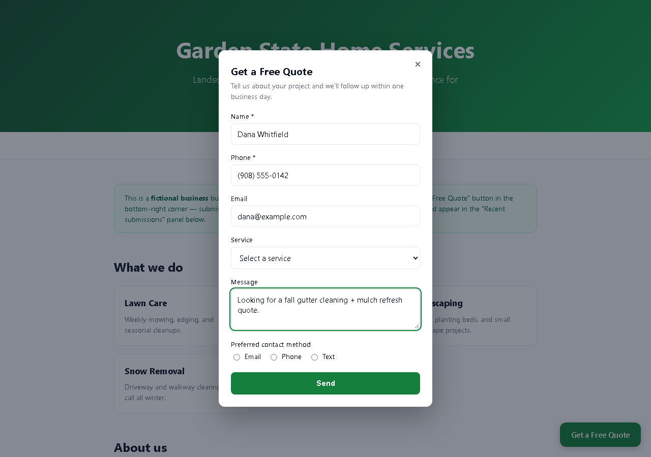 LeadBox widget dialog open on a demo site