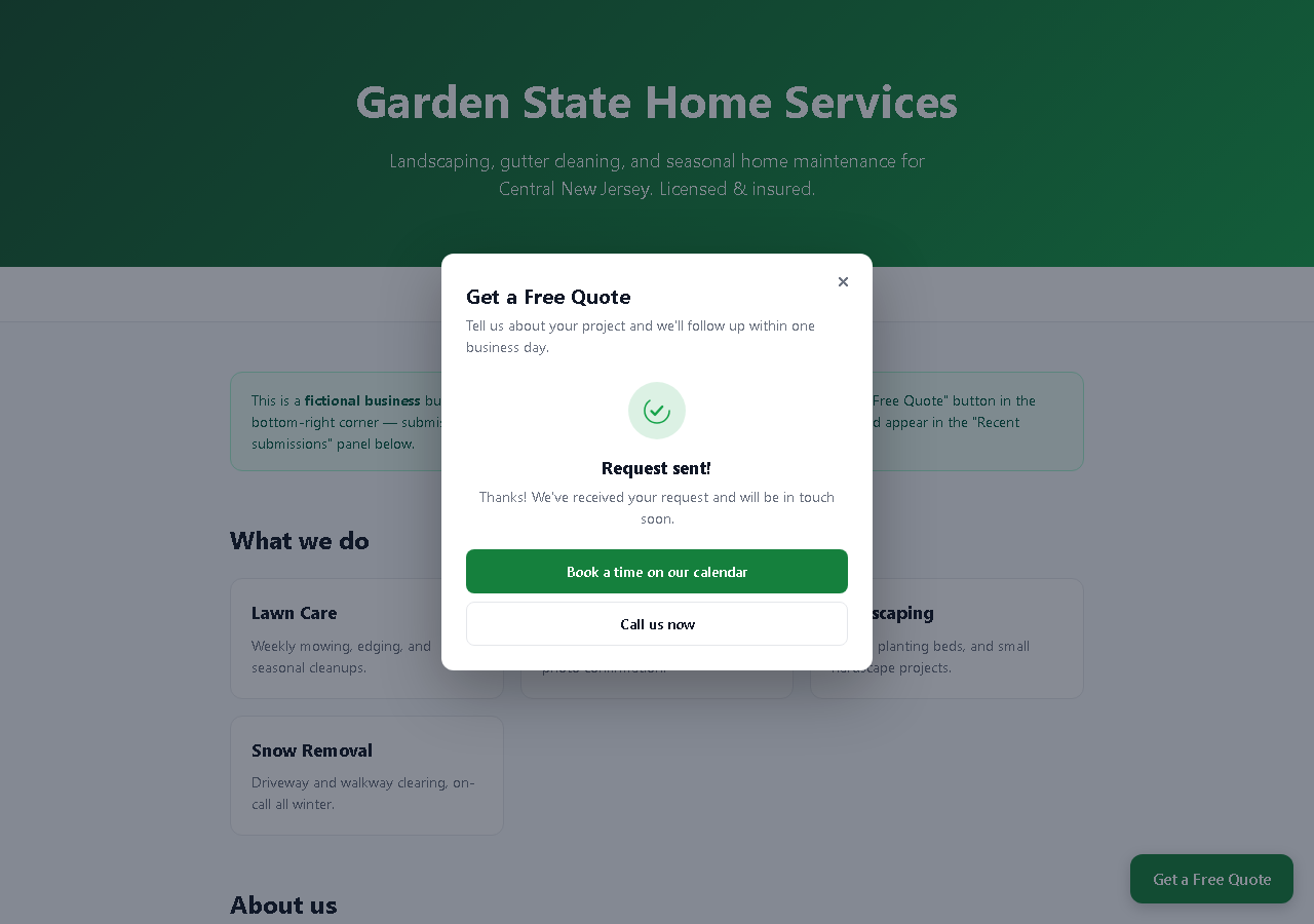 LeadBox success state with the checkmark animation settled