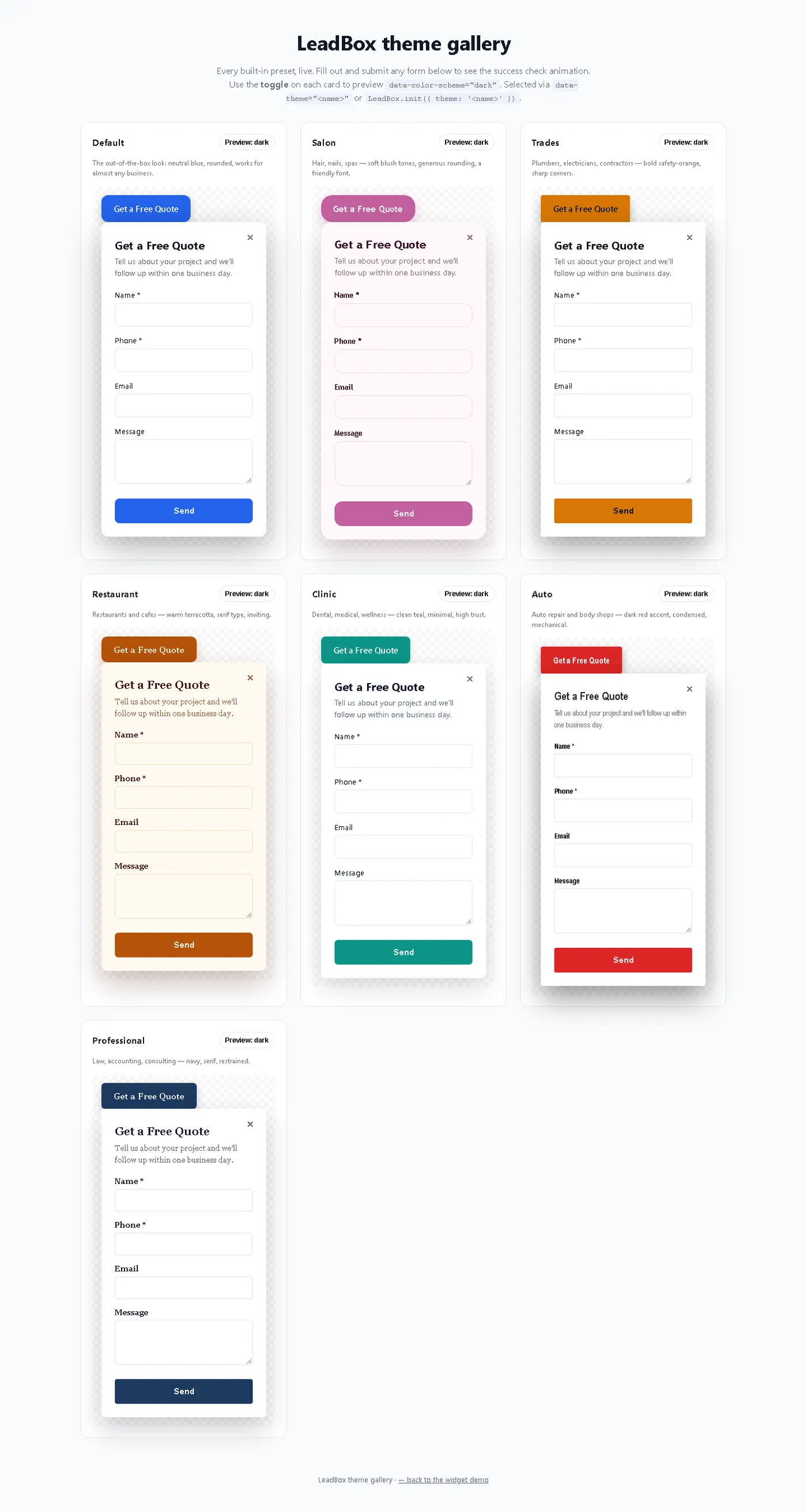LeadBox theme gallery: all seven built-in presets